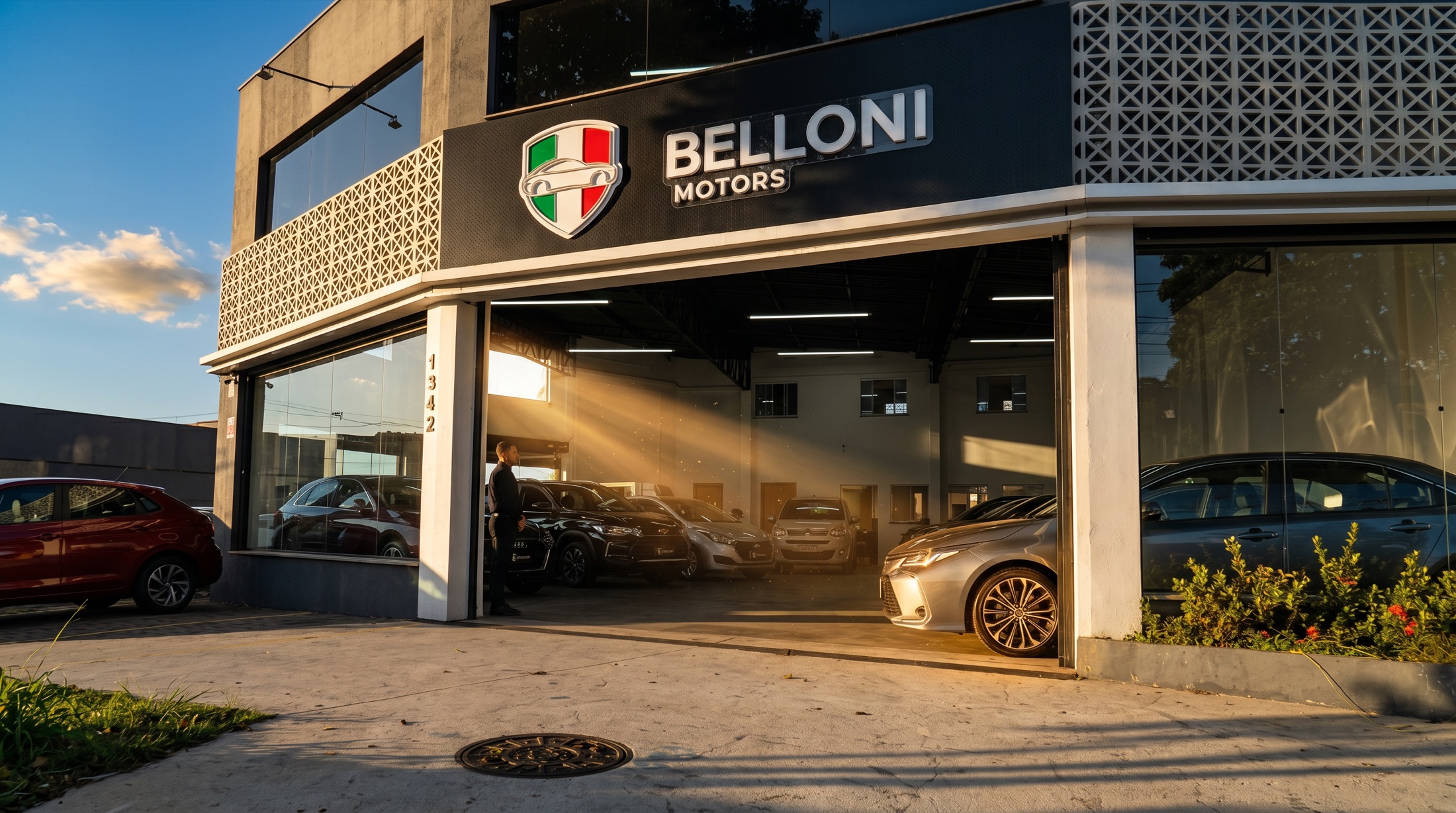 Fachada da Belloni Motors ao entardecer